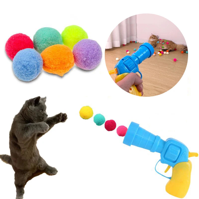 Plush Ball Shooting Gun Cat Toys Interactive Kittens Mini Pompoms Launcher Games Pet Accessories Supplies Indoor Cats Self Play