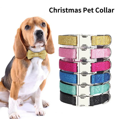 Dog Necklace Adjustable Self-engraving Exquisite Universal Convenient Dress Up Nylon Sequin Bow Pet Dog Collar for Christmas